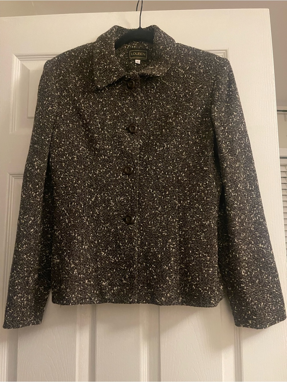Louben Brown Cream Bouclé Tweed Button Front Jacket Size 8 Made in Canada